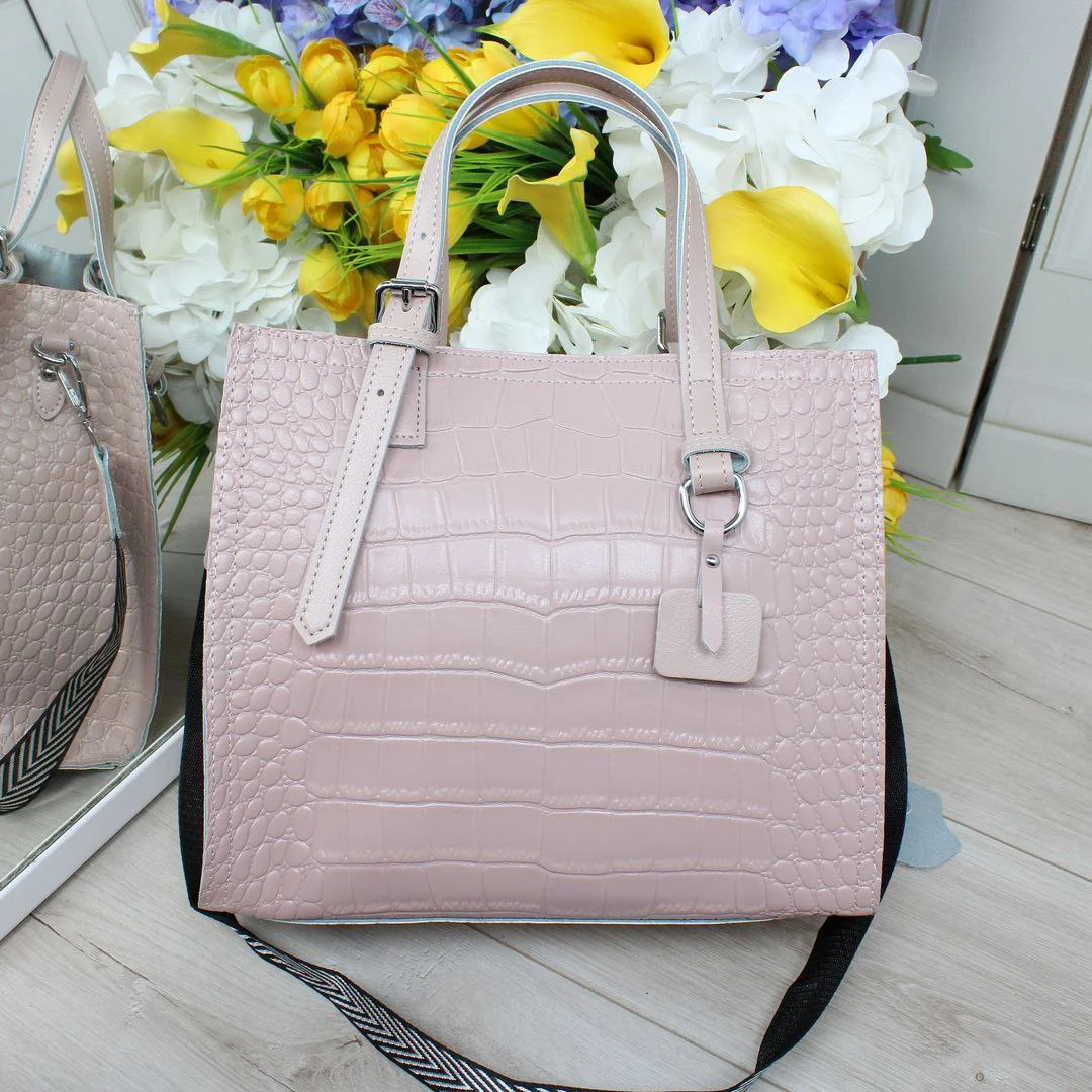 Жіноча сумка класична пудрова з натуральної шкіри з двома ременями