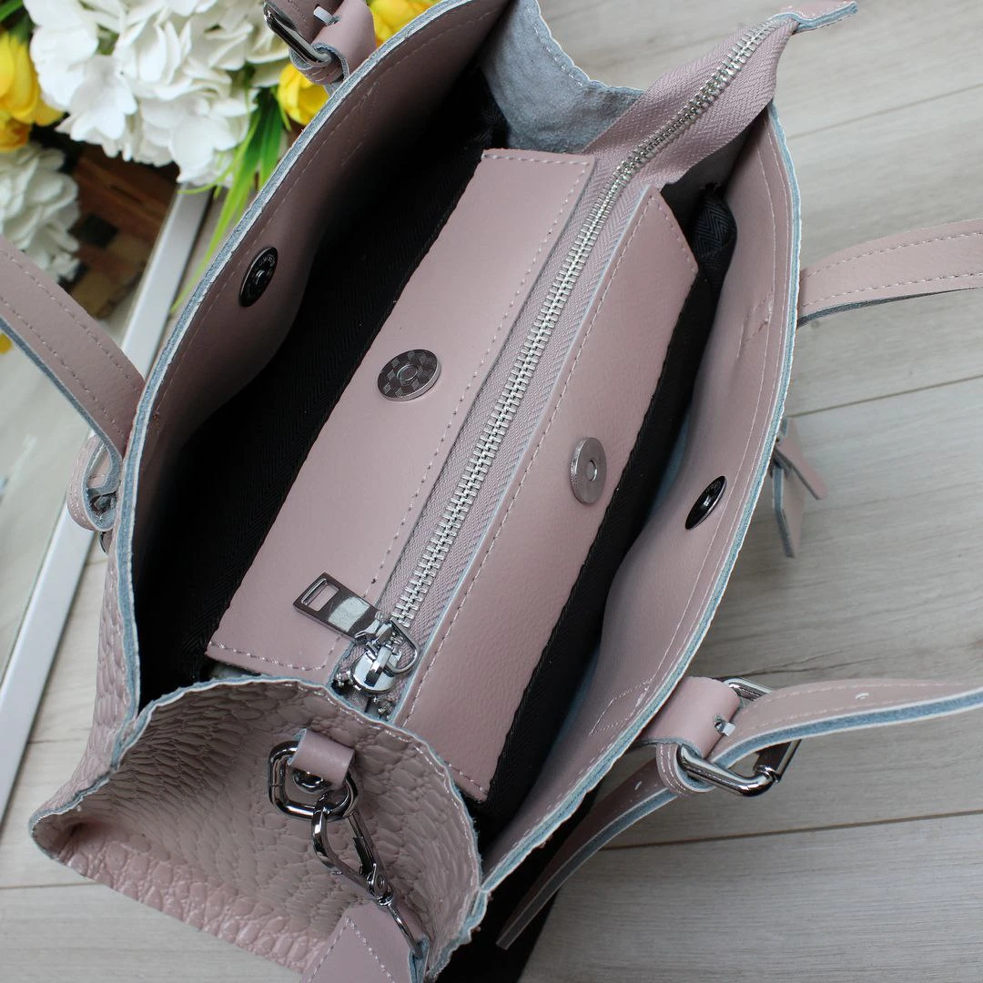 Жіноча сумка класична пудрова з натуральної шкіри з двома ременями