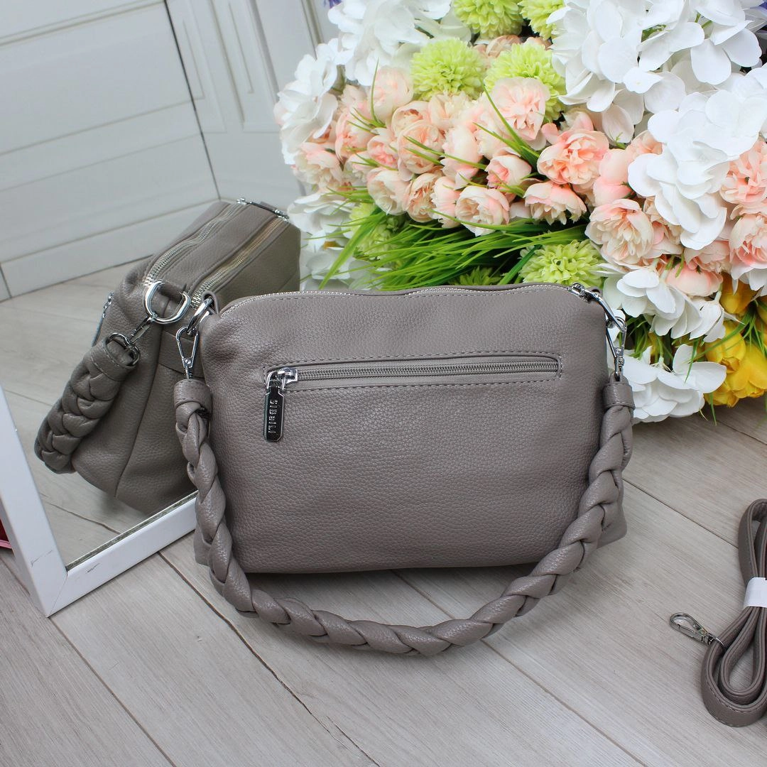 Жіноча сумка крос-боді темно-бежевого кольору з екошкіри на два відділення