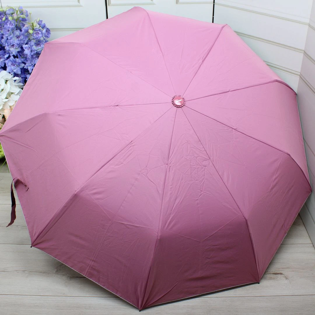 Жіноча рожева парасолька з однотонним куполом та візерунком всередині, напівавтомат з системою антивітер