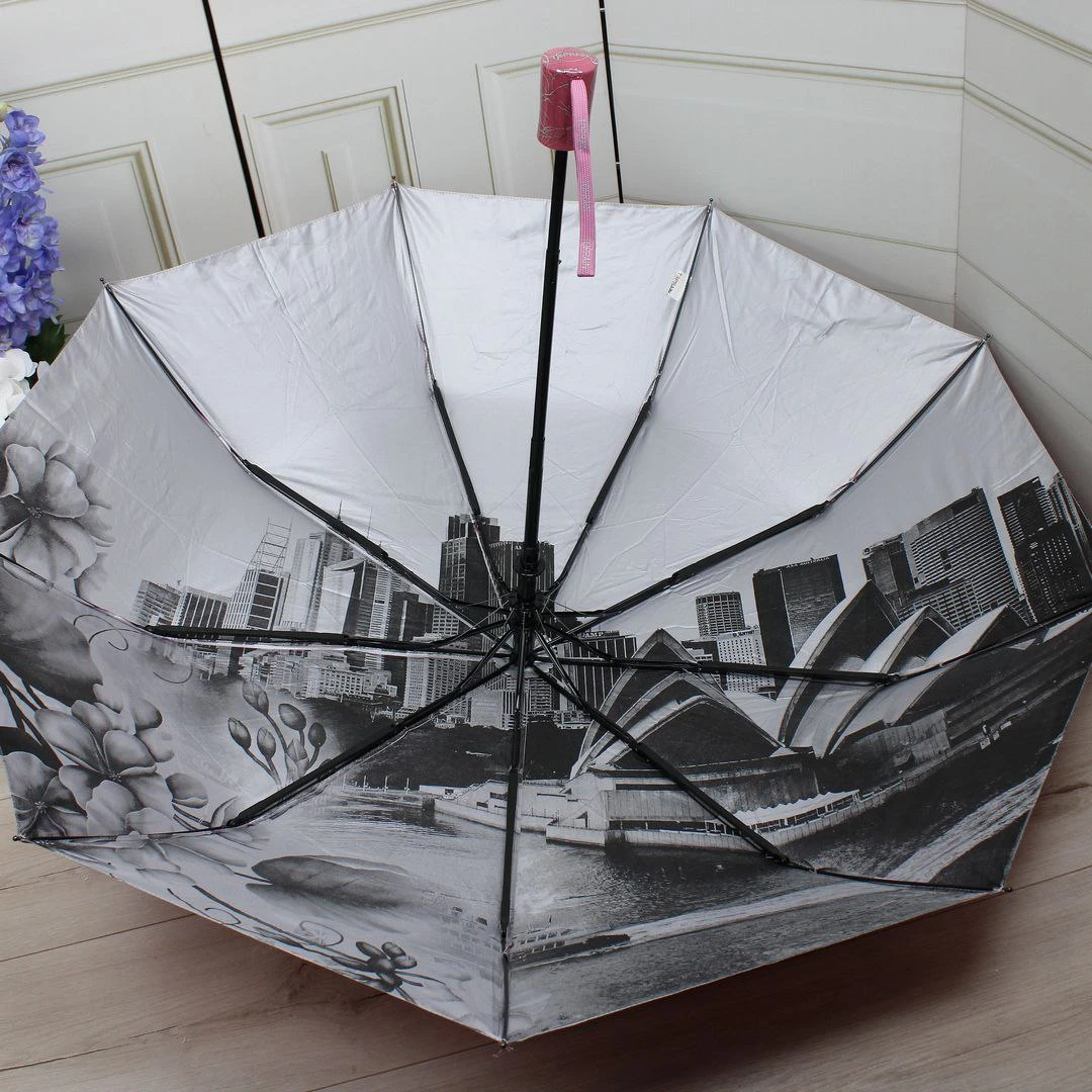 Жіноча рожева парасолька з однотонним куполом та візерунком всередині, напівавтомат з системою антивітер