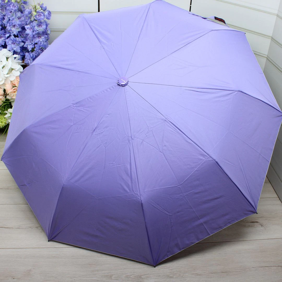 Жіноча бузкова парасолька напівавтомат з однотонним куполом і декоративним візерунком усередині
