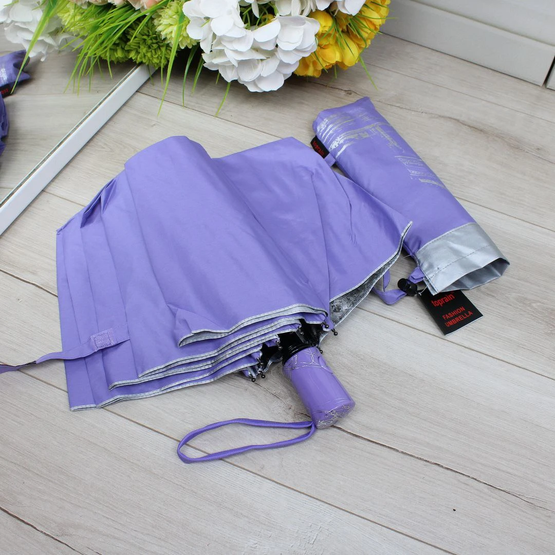 Жіноча бузкова парасолька напівавтомат з однотонним куполом і декоративним візерунком усередині