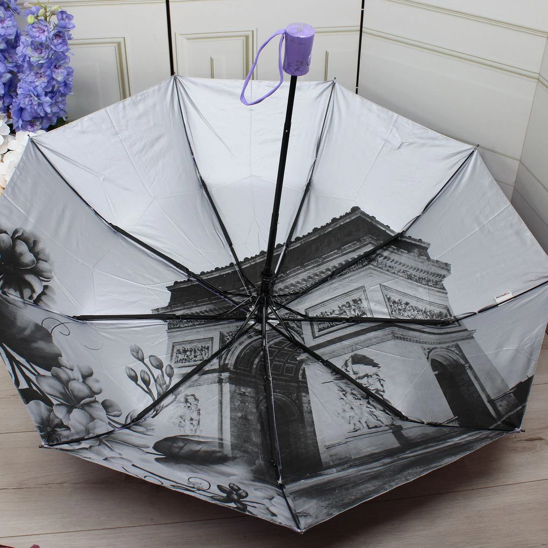 Жіноча бузкова парасолька напівавтомат з однотонним куполом і декоративним візерунком усередині