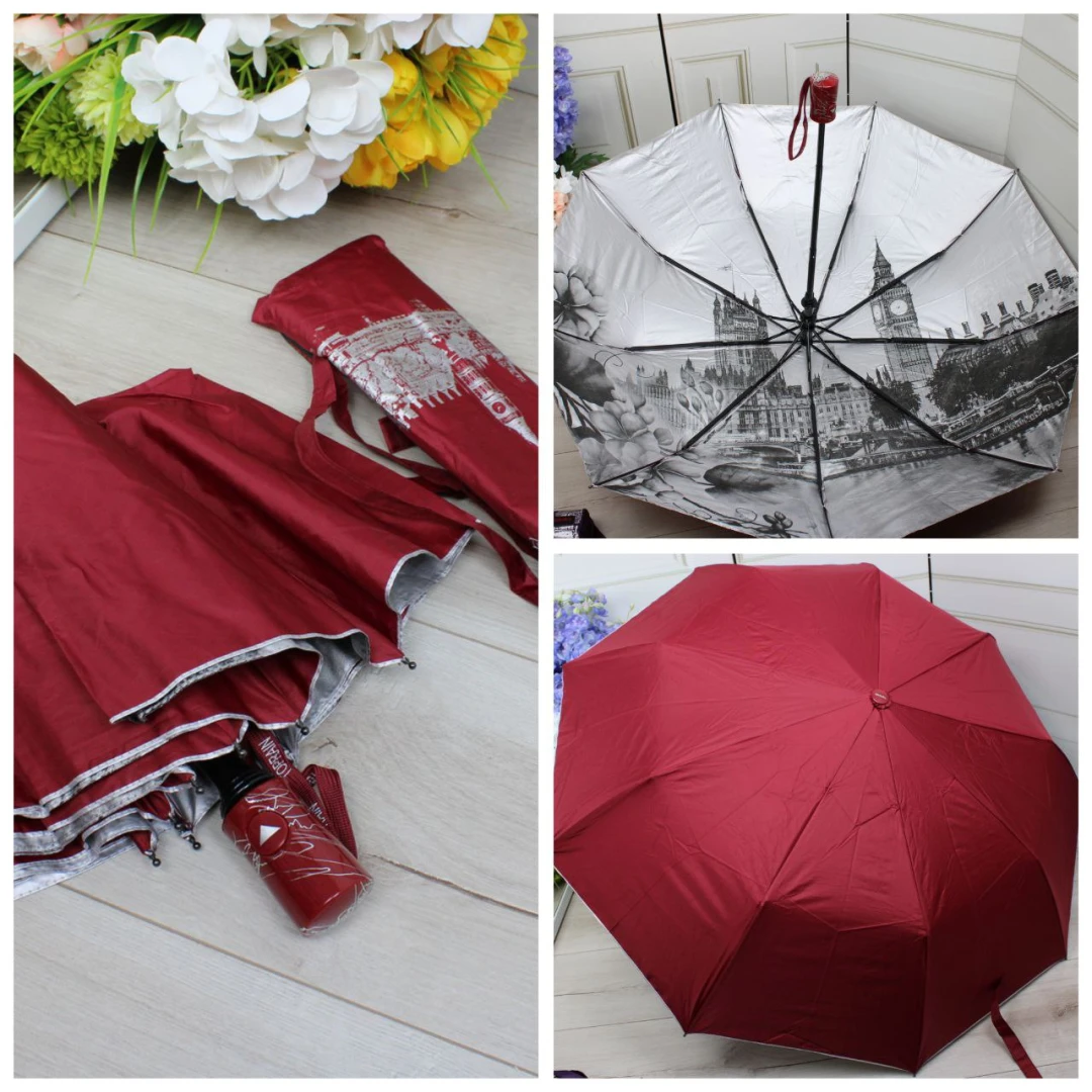Жіноча бордова парасолька напівавтомат з однотонним куполом та візерунком усередині