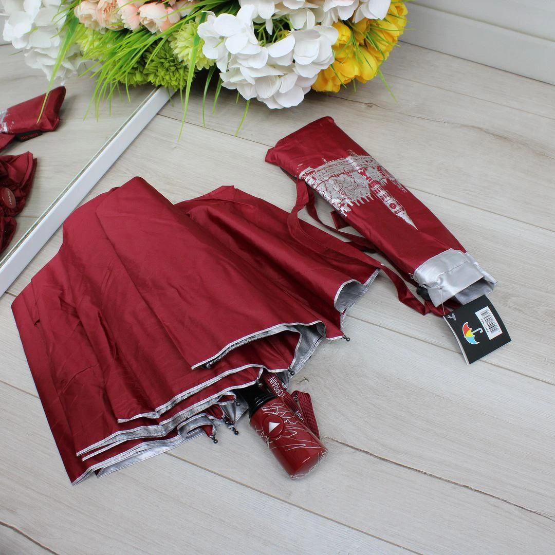 Жіноча бордова парасолька напівавтомат з однотонним куполом та візерунком усередині