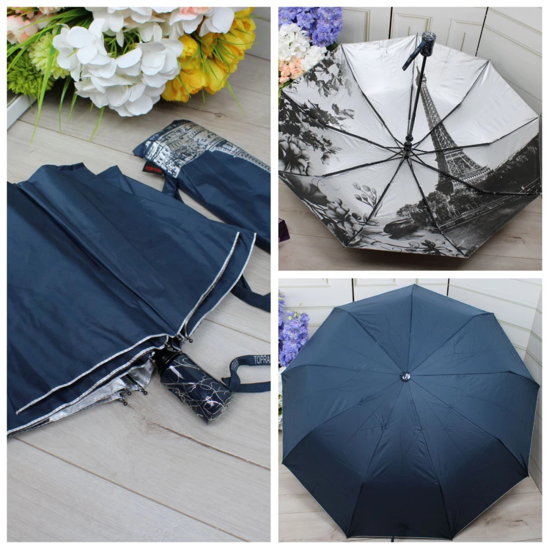 Жіноча синя парасолька напівавтомат з однотонним куполом та внутрішнім візерунком