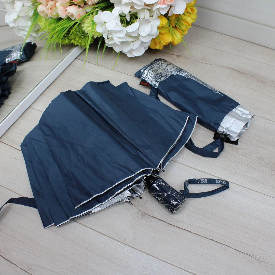 Жіноча синя парасолька напівавтомат з однотонним куполом та внутрішнім візерунком