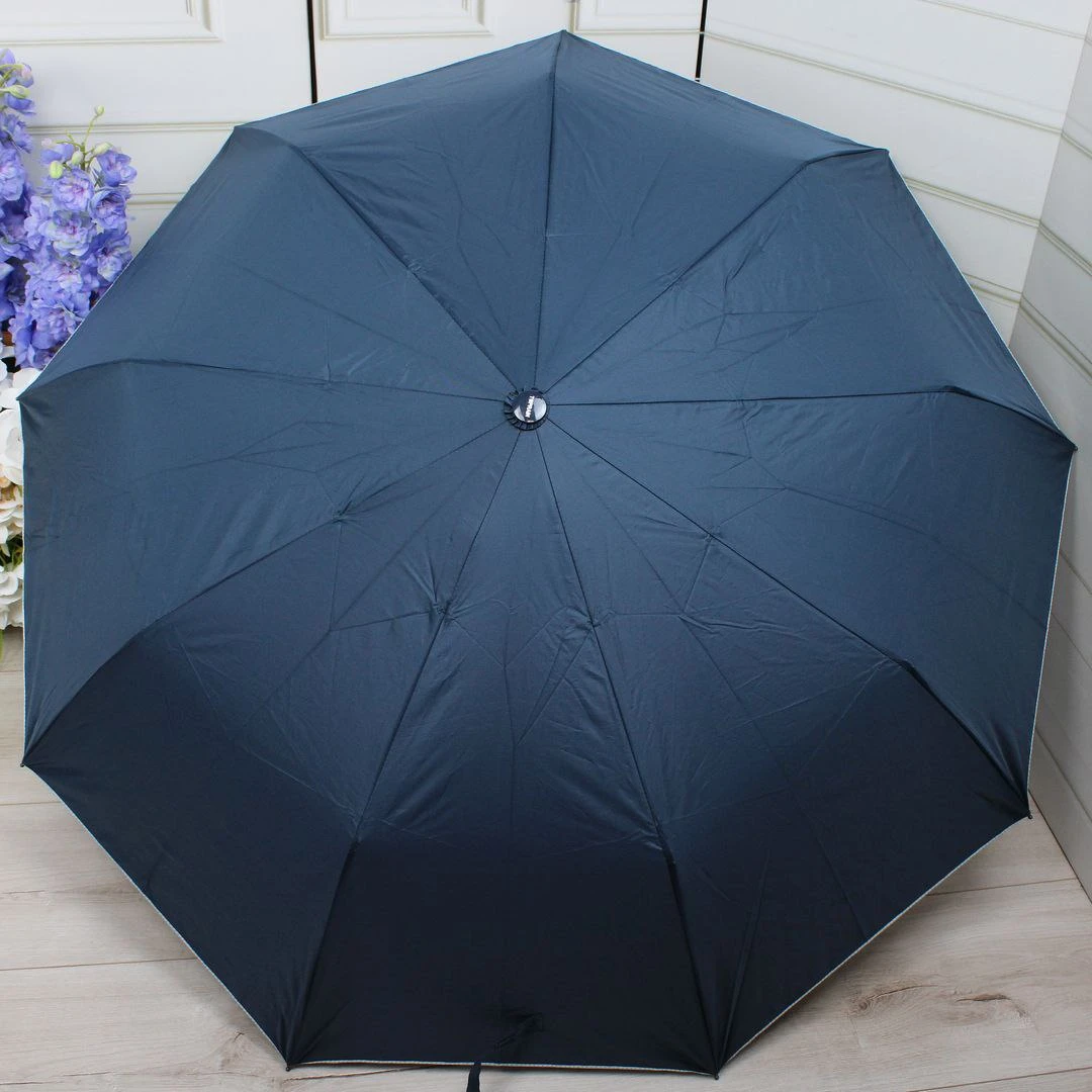 Жіноча синя парасолька напівавтомат з однотонним куполом та внутрішнім візерунком