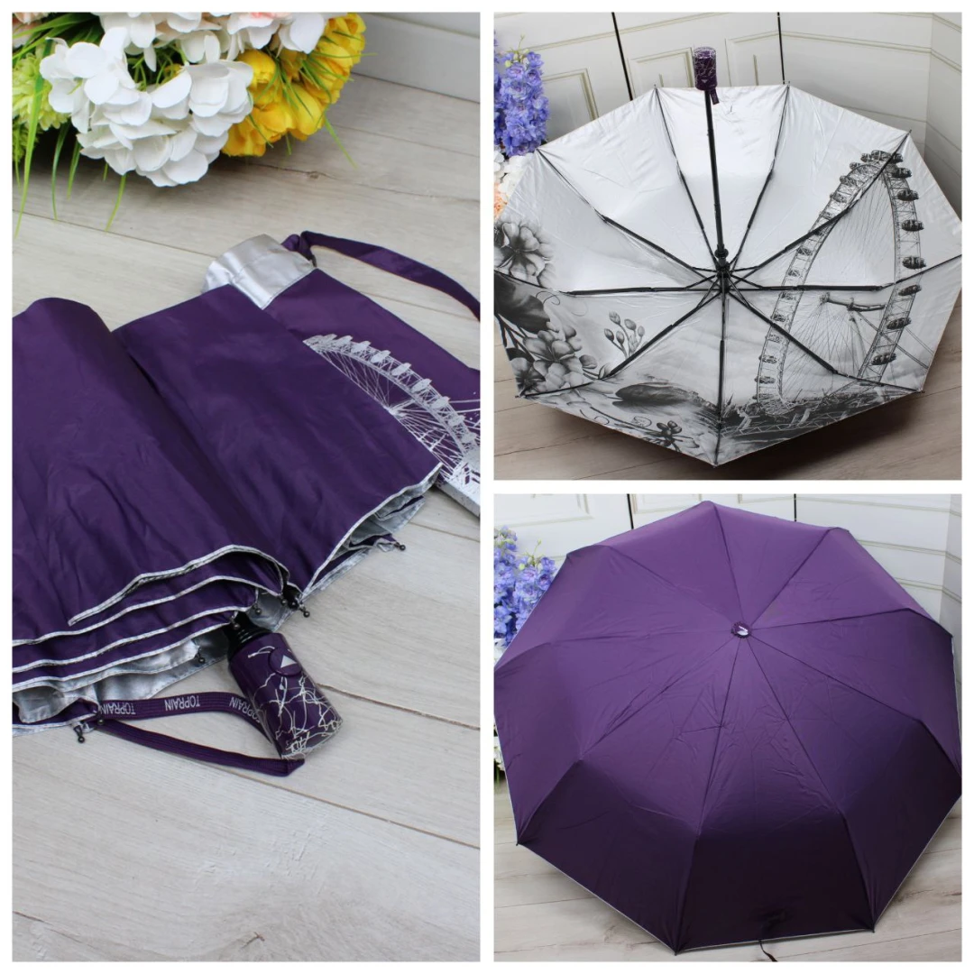Жіноча фіолетова парасолька напівавтомат з однотонним куполом та візерунком усередині