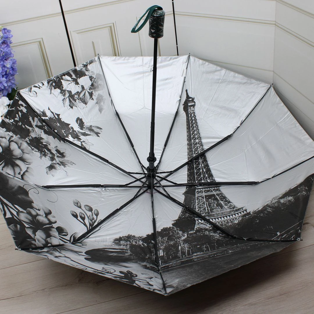 Жіноча зелена парасолька напівавтомат з однотонним куполом та декоративним візерунком усередині