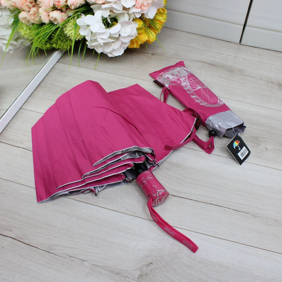 Жіноча яскраво-рожева парасолька напівавтомат з однотонним куполом та візерунком зсередини