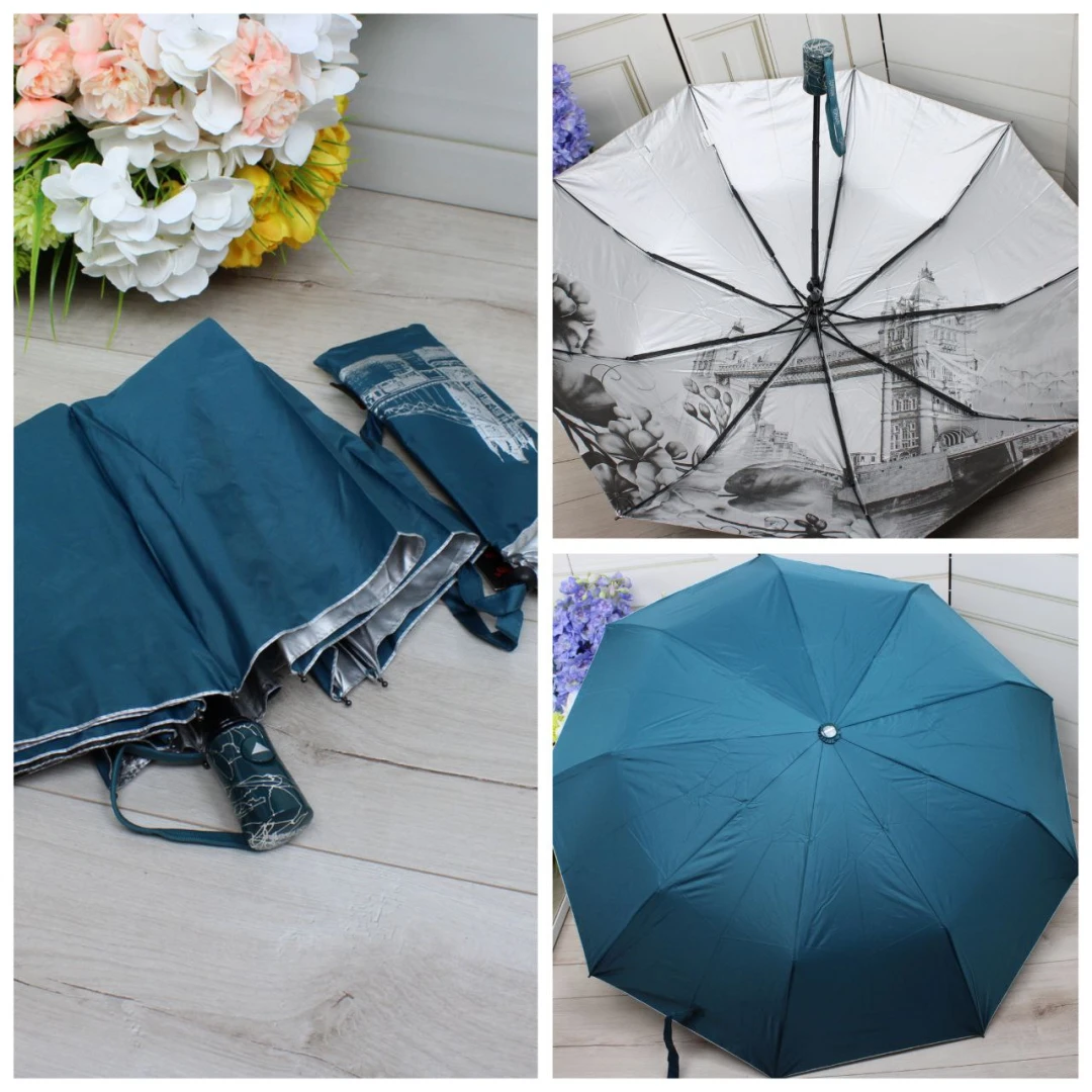 Жіноча бірюзова парасолька напівавтомат з однотонним куполом та візерунком усередині