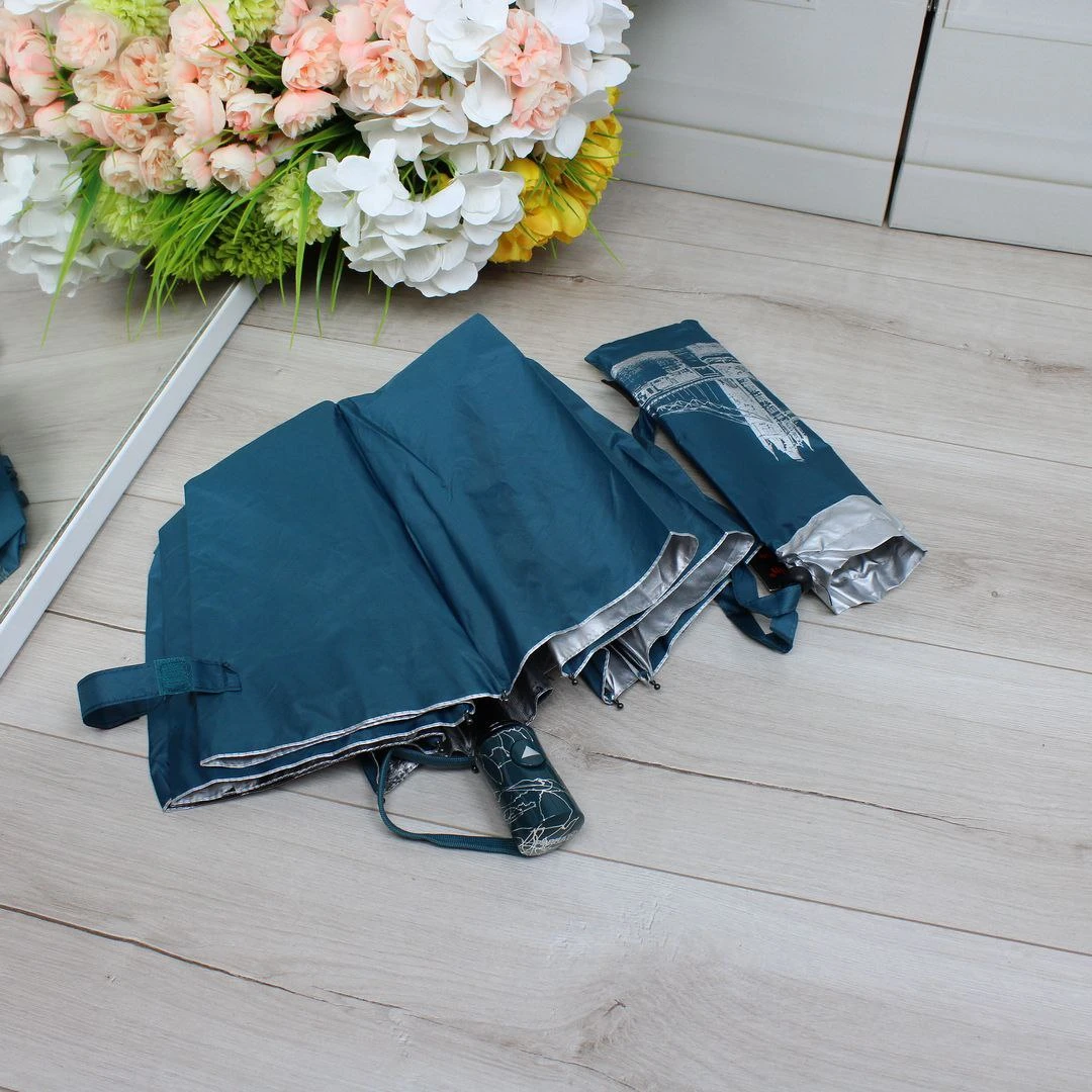 Жіноча бірюзова парасолька напівавтомат з однотонним куполом та візерунком усередині