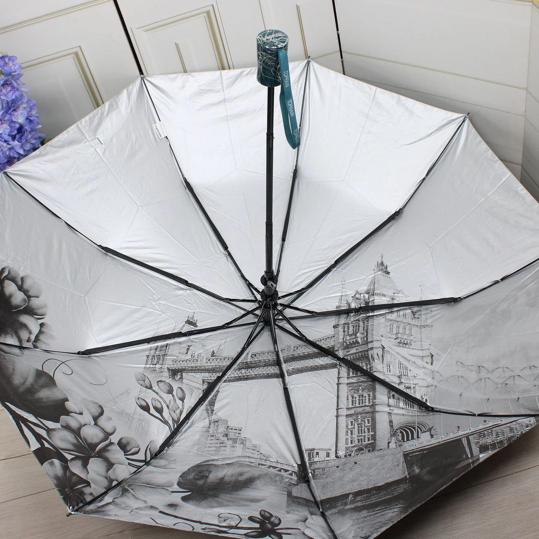 Жіноча бірюзова парасолька напівавтомат з однотонним куполом та візерунком усередині