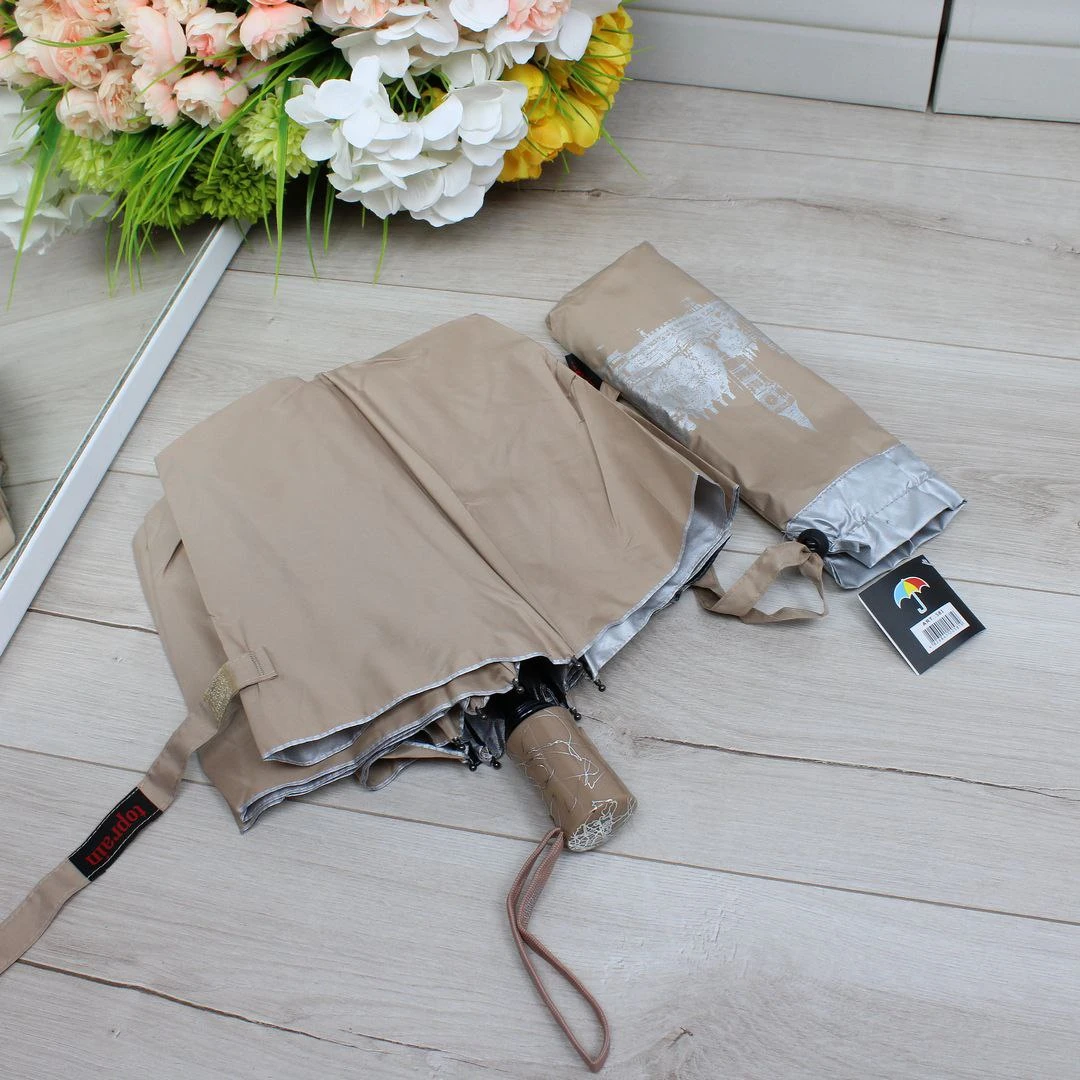 Жіноча бежева парасолька напівавтомат з однотонним куполом та декоративним візерунком