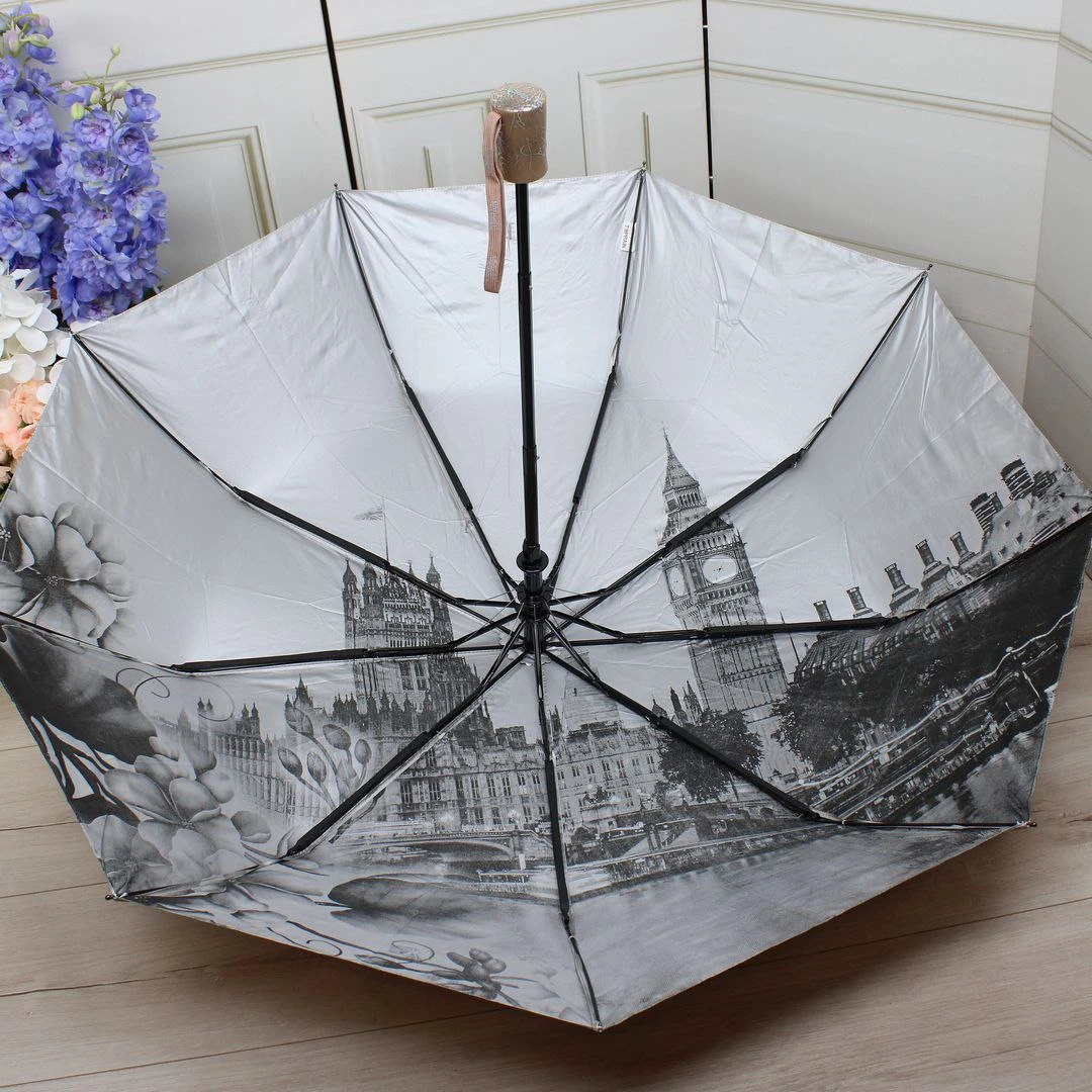 Жіноча бежева парасолька напівавтомат з однотонним куполом та декоративним візерунком