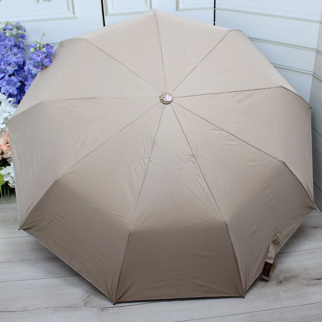 Жіноча бежева парасолька напівавтомат з однотонним куполом та декоративним візерунком