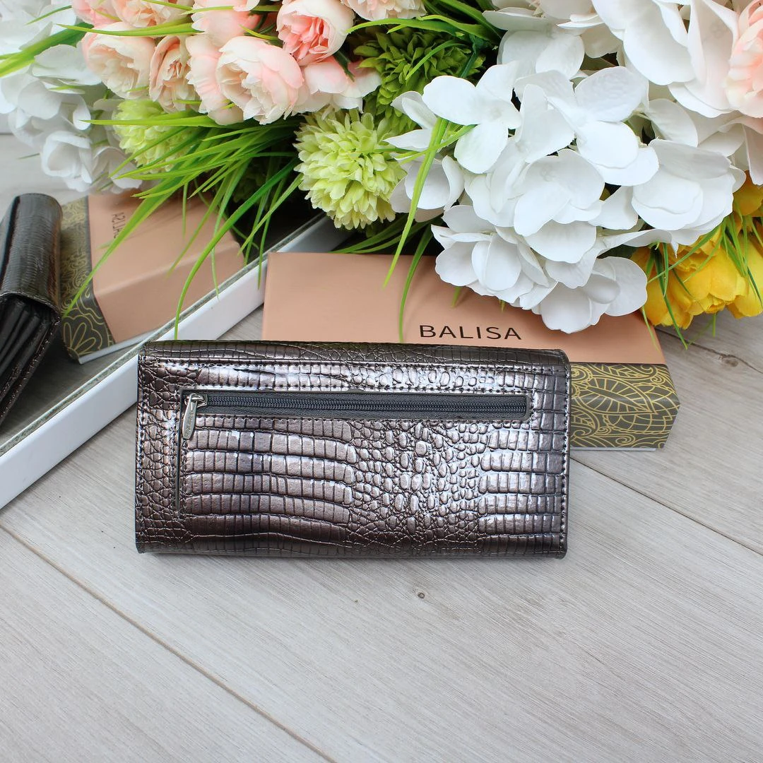 Жіночий графітовий гаманець з натуральної лакованої шкіри на магніті