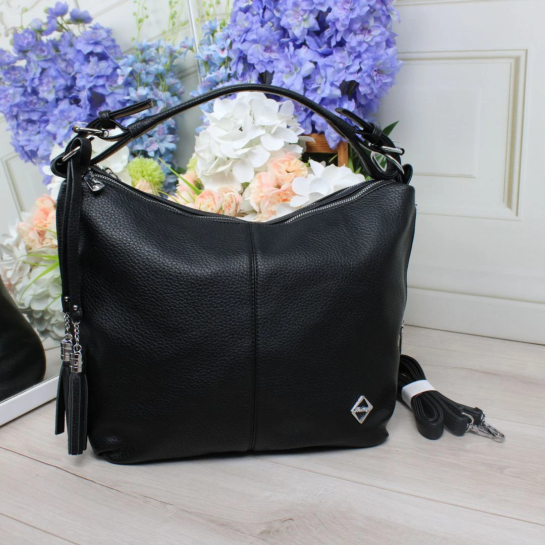 Жіноча чорна сумка-мішок з екошкіри формат А4 з довгим ременем