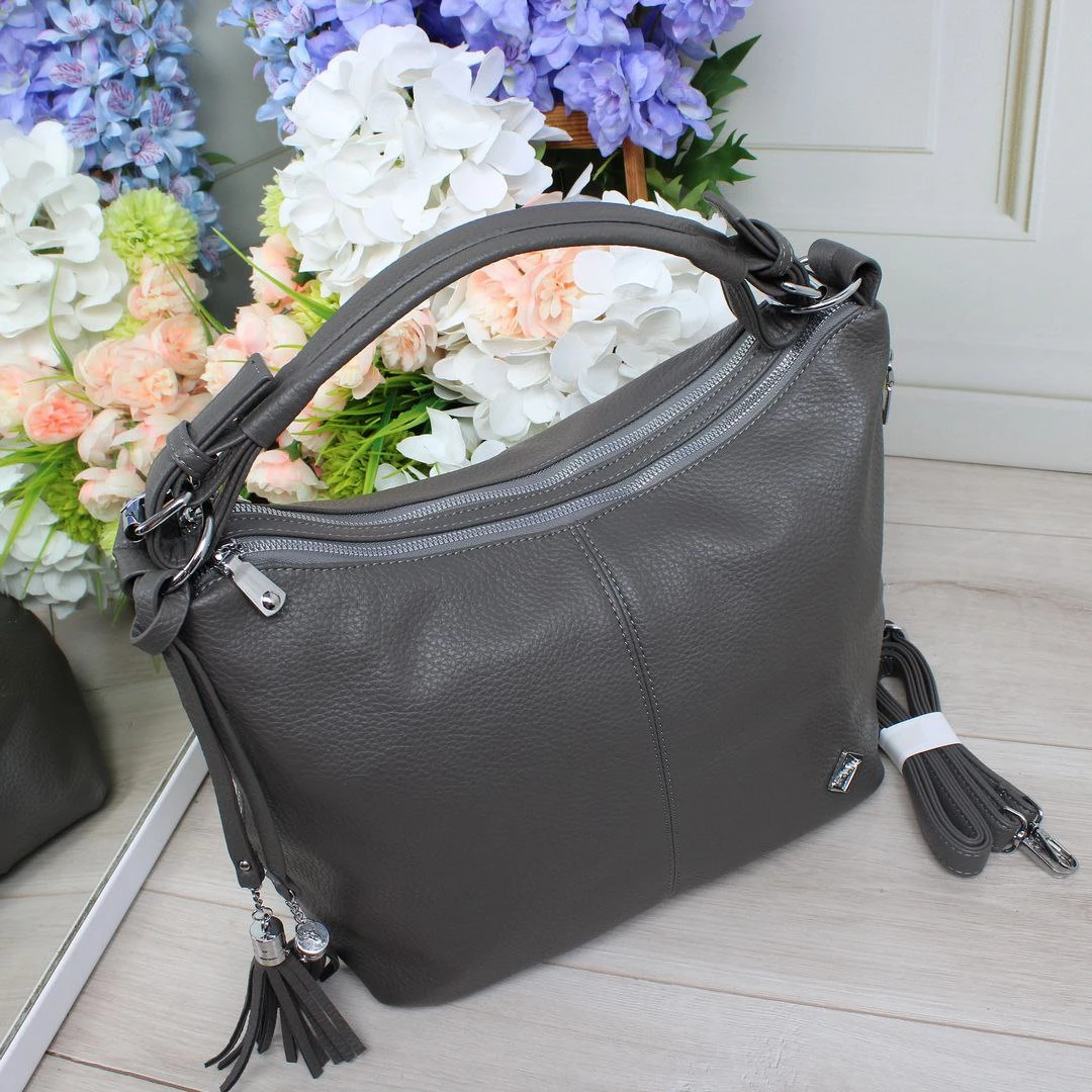 Жіноча графітова сумка-мішок з екошкіри формат А4 з регульованим ременем