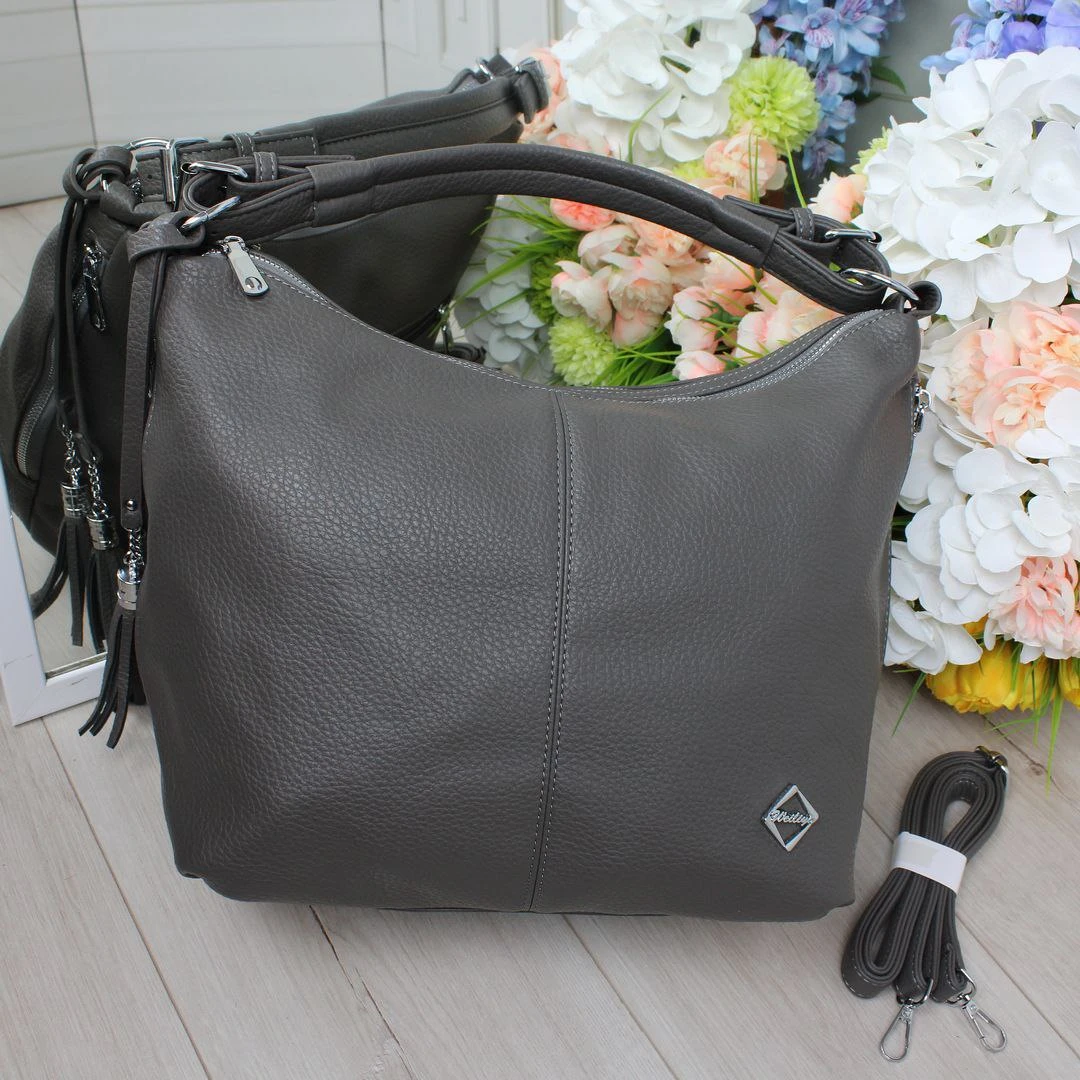 Жіноча графітова сумка-мішок з екошкіри формат А4 з регульованим ременем