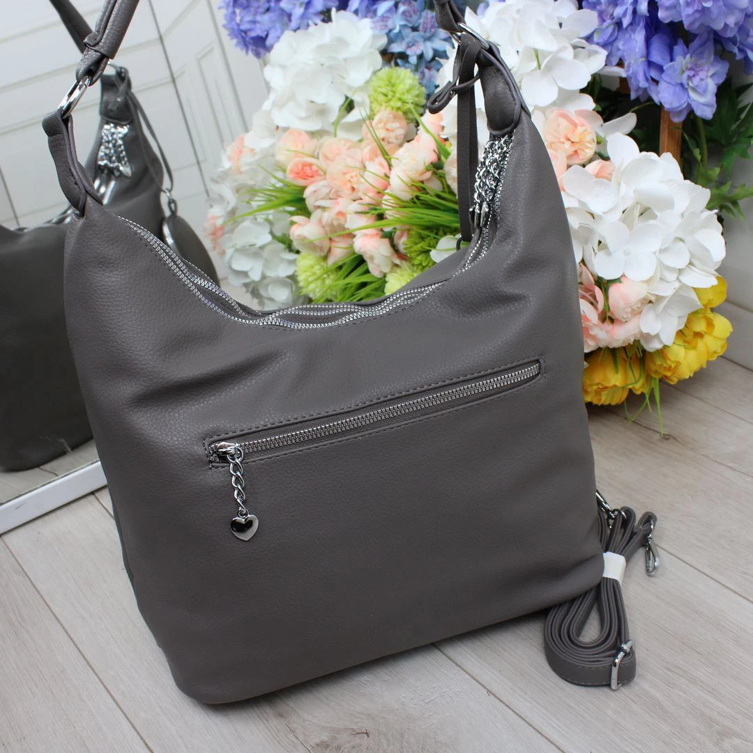 Жіноча графітова сумка-мішок з екошкіри на три відділення формату А4