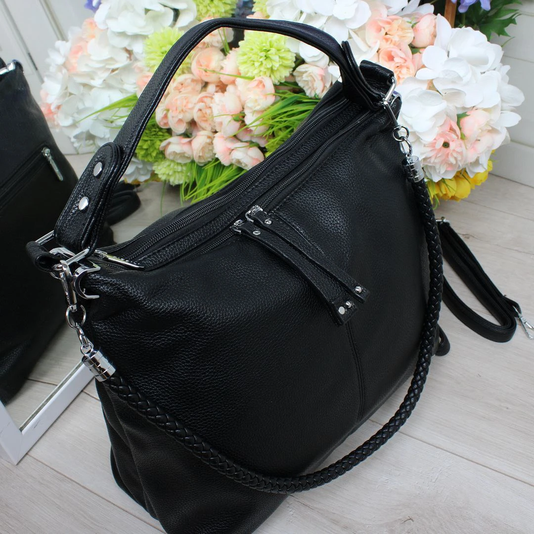 Жіноча чорна сумка-мішок з екошкіри, містка А4