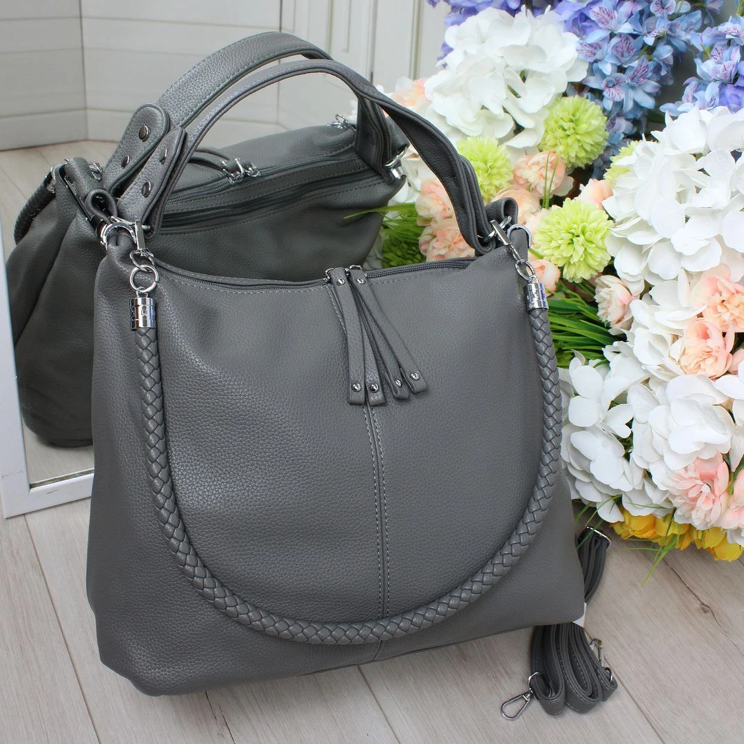 Жіноча сіра сумка-мішок з екошкіри формату А4