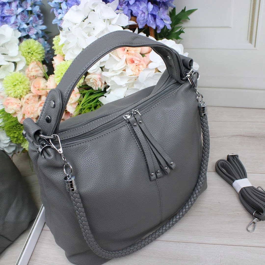 Жіноча сіра сумка-мішок з екошкіри формату А4