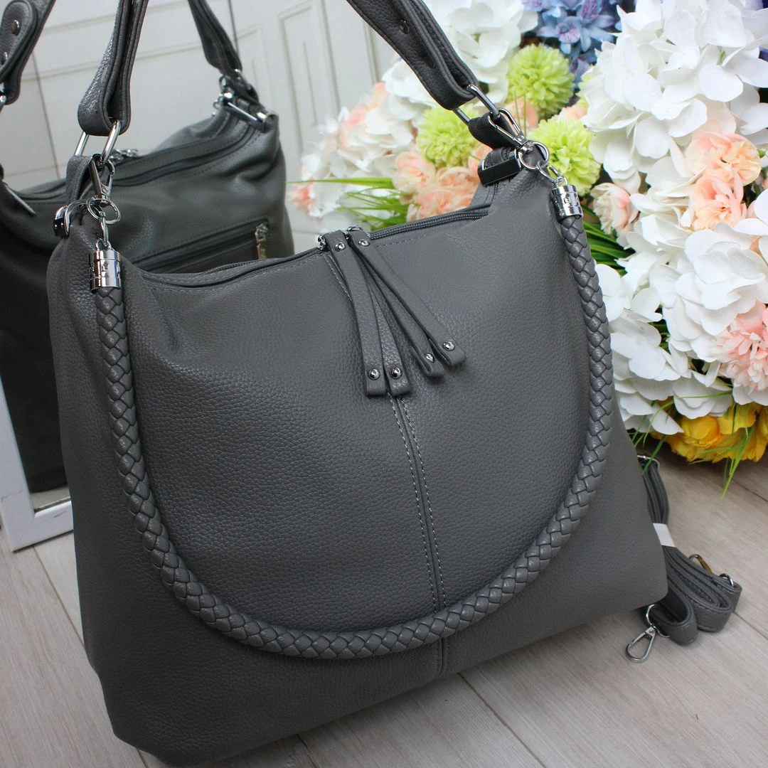 Жіноча сіра сумка-мішок з екошкіри формату А4