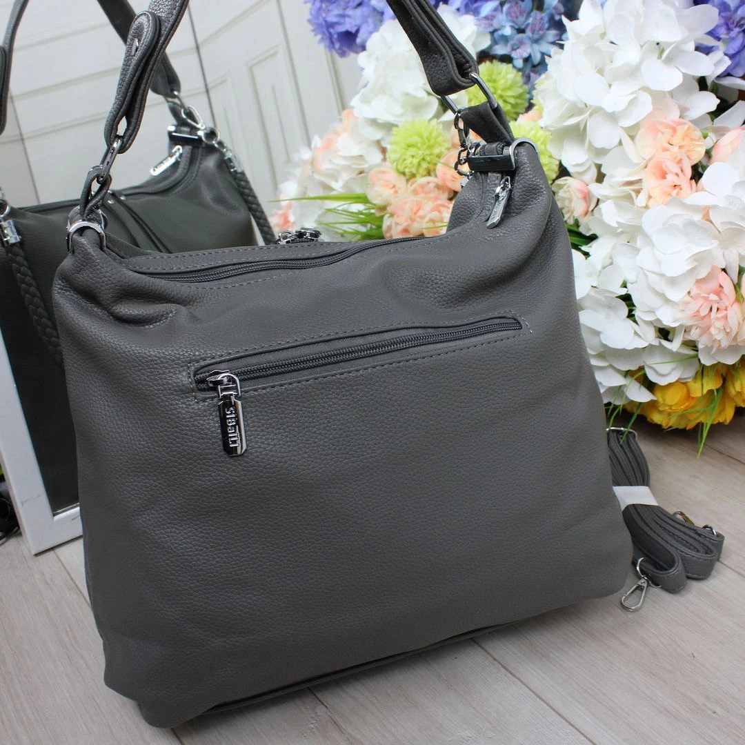 Жіноча сіра сумка-мішок з екошкіри формату А4