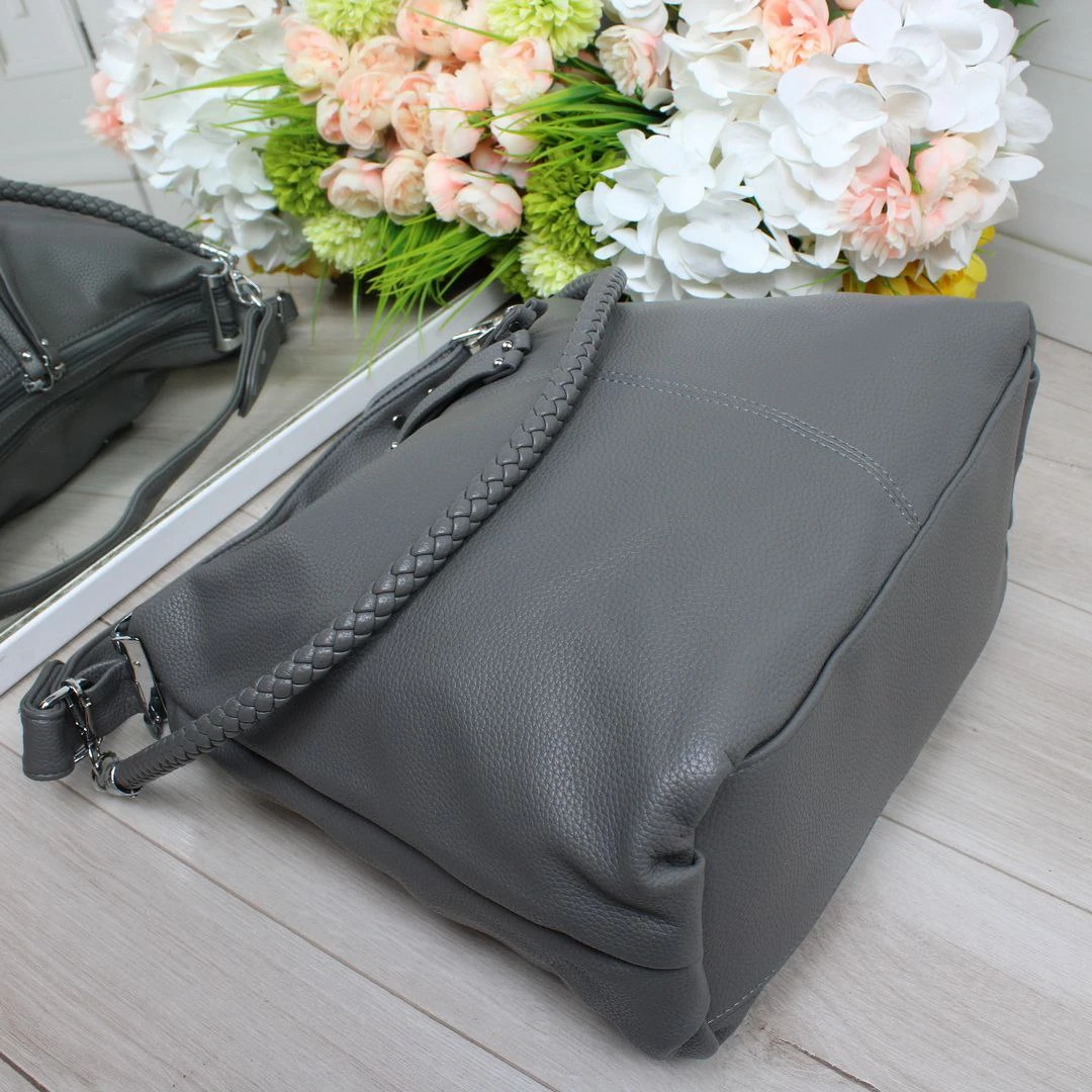 Жіноча сіра сумка-мішок з екошкіри формату А4