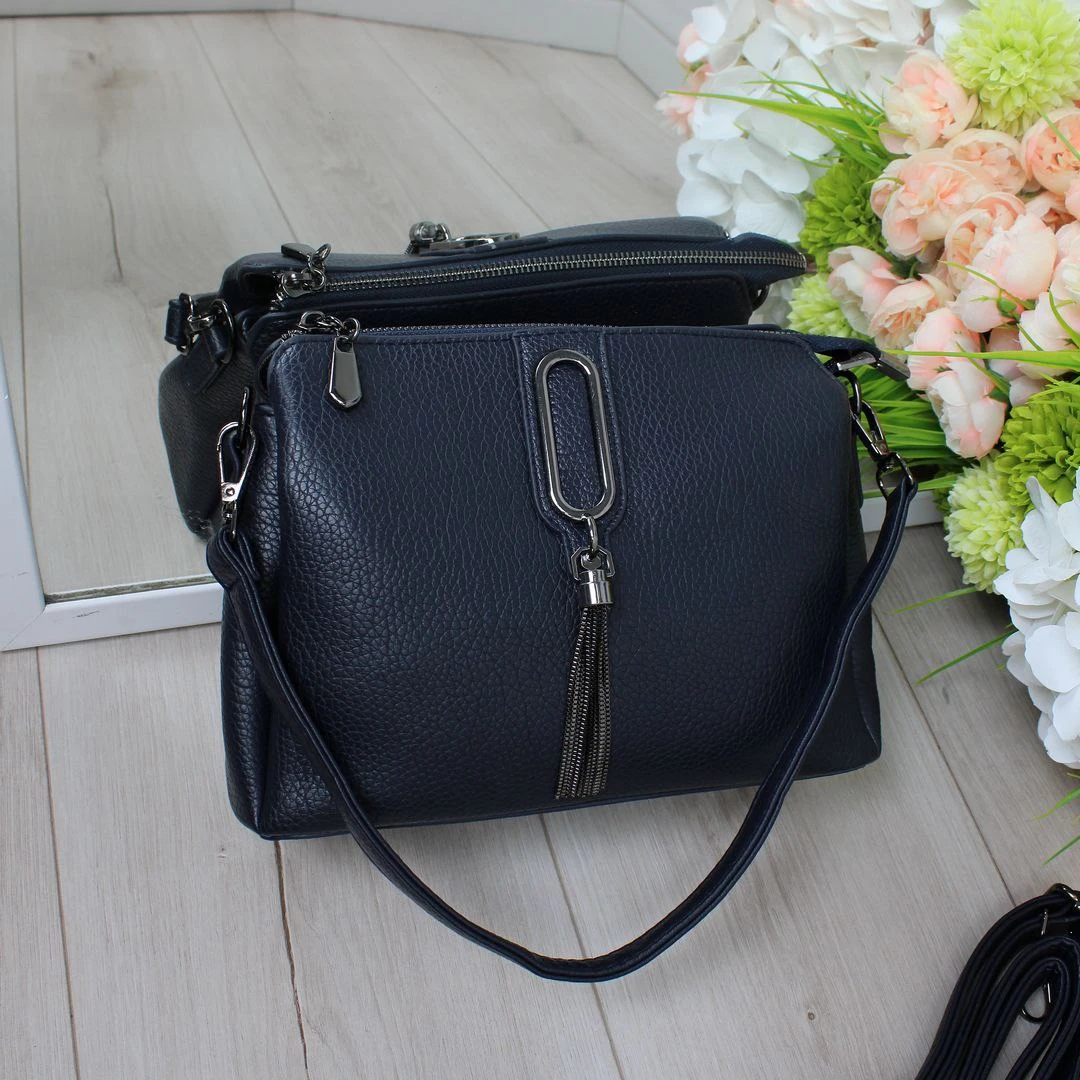 Жіноча синя сумка через плече з екошкіри на три відділення