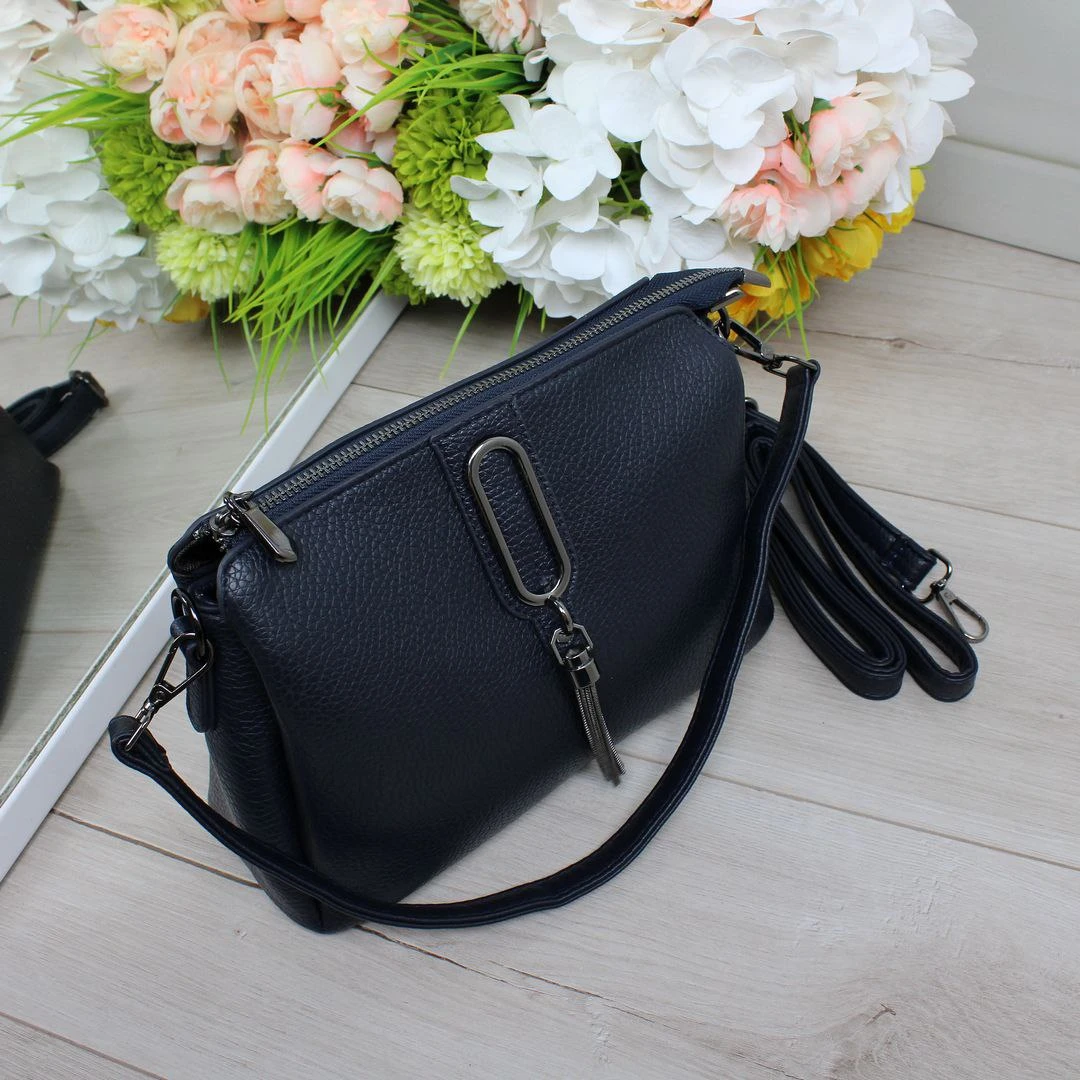 Жіноча синя сумка через плече з екошкіри на три відділення