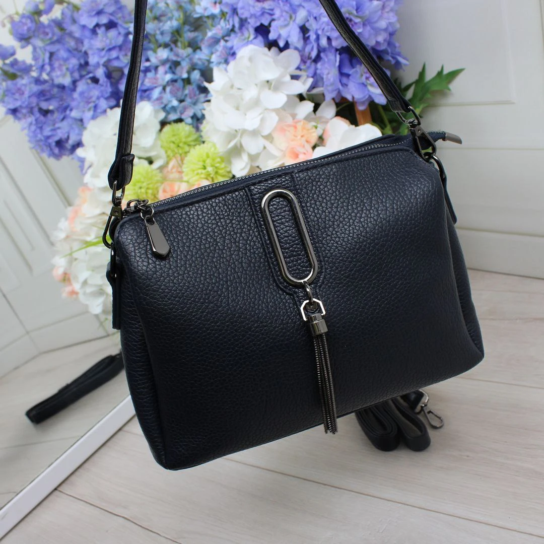 Жіноча синя сумка через плече з екошкіри на три відділення