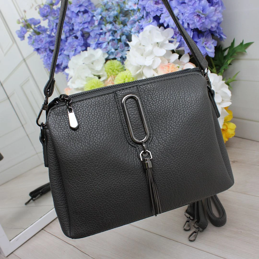Жіноча графітова сумка через плече з екошкіри на три окремі відділення