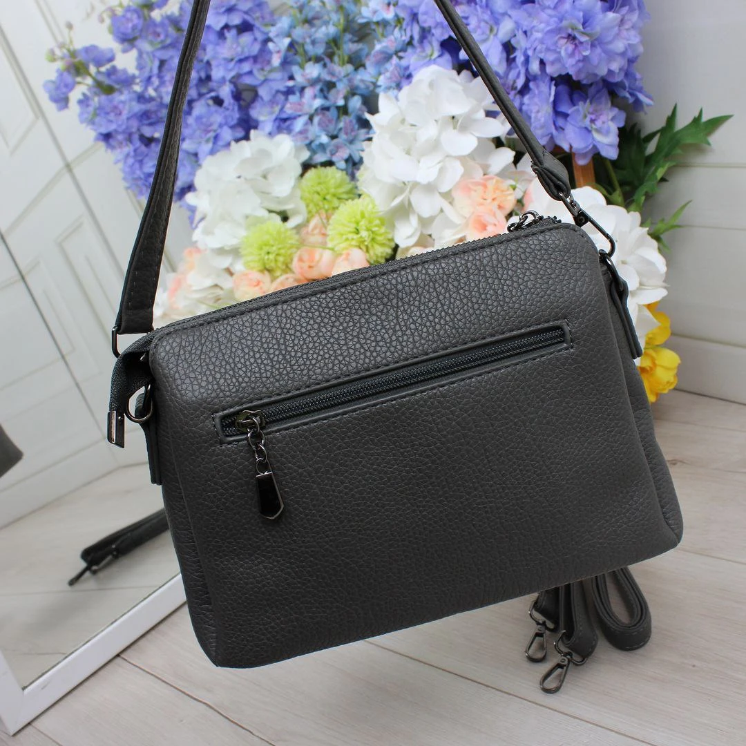 Жіноча графітова сумка через плече з екошкіри на три окремі відділення