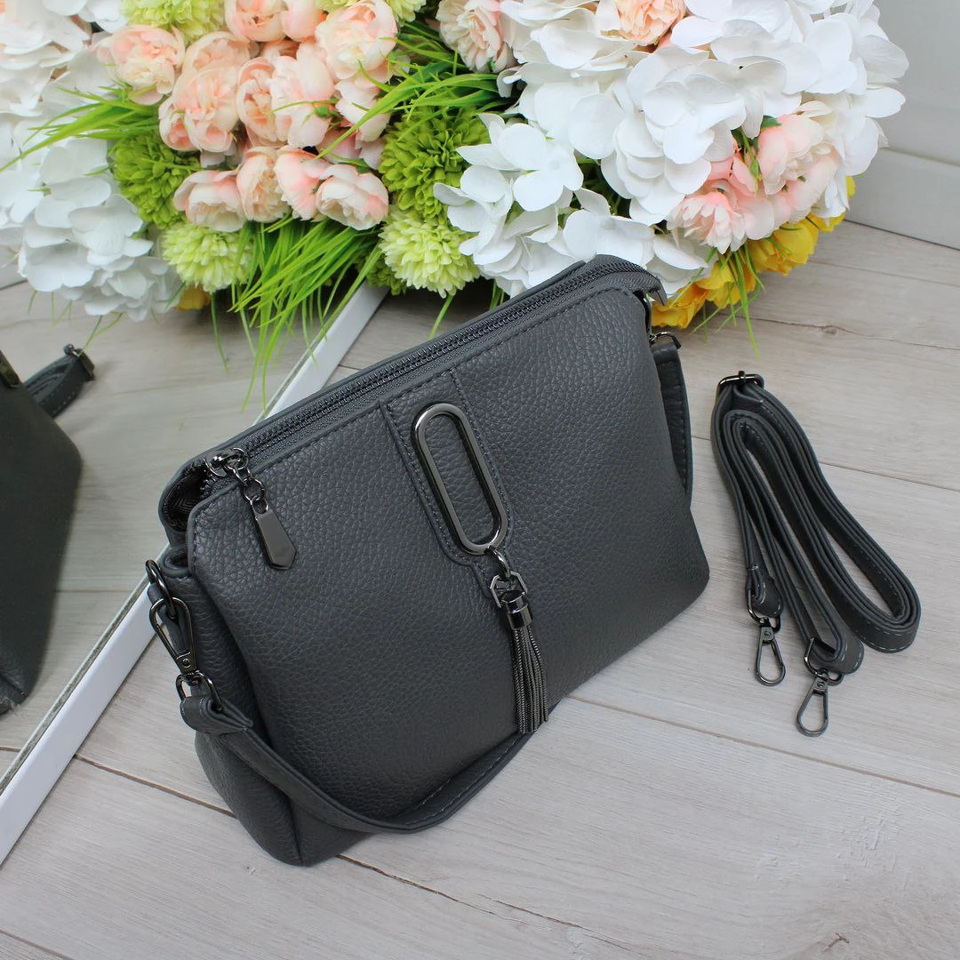 Жіноча графітова сумка через плече з екошкіри на три окремі відділення