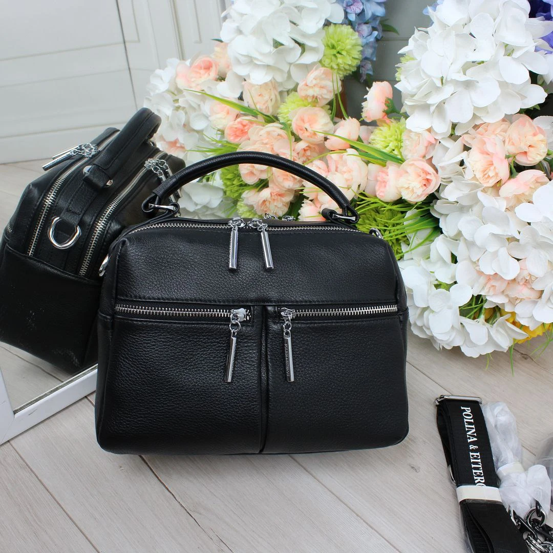 Жіноча чорна шкіряна сумка Polina&Eiterou через плече
