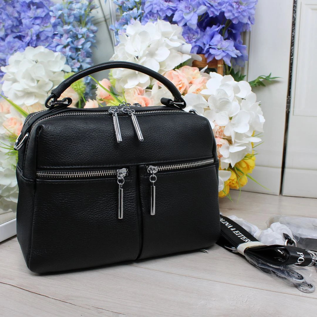 Жіноча чорна шкіряна сумка Polina&Eiterou через плече