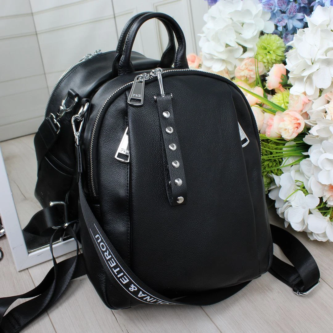 Жіночий чорний сумка-рюкзак Polina & Eiterou з натуральної шкіри