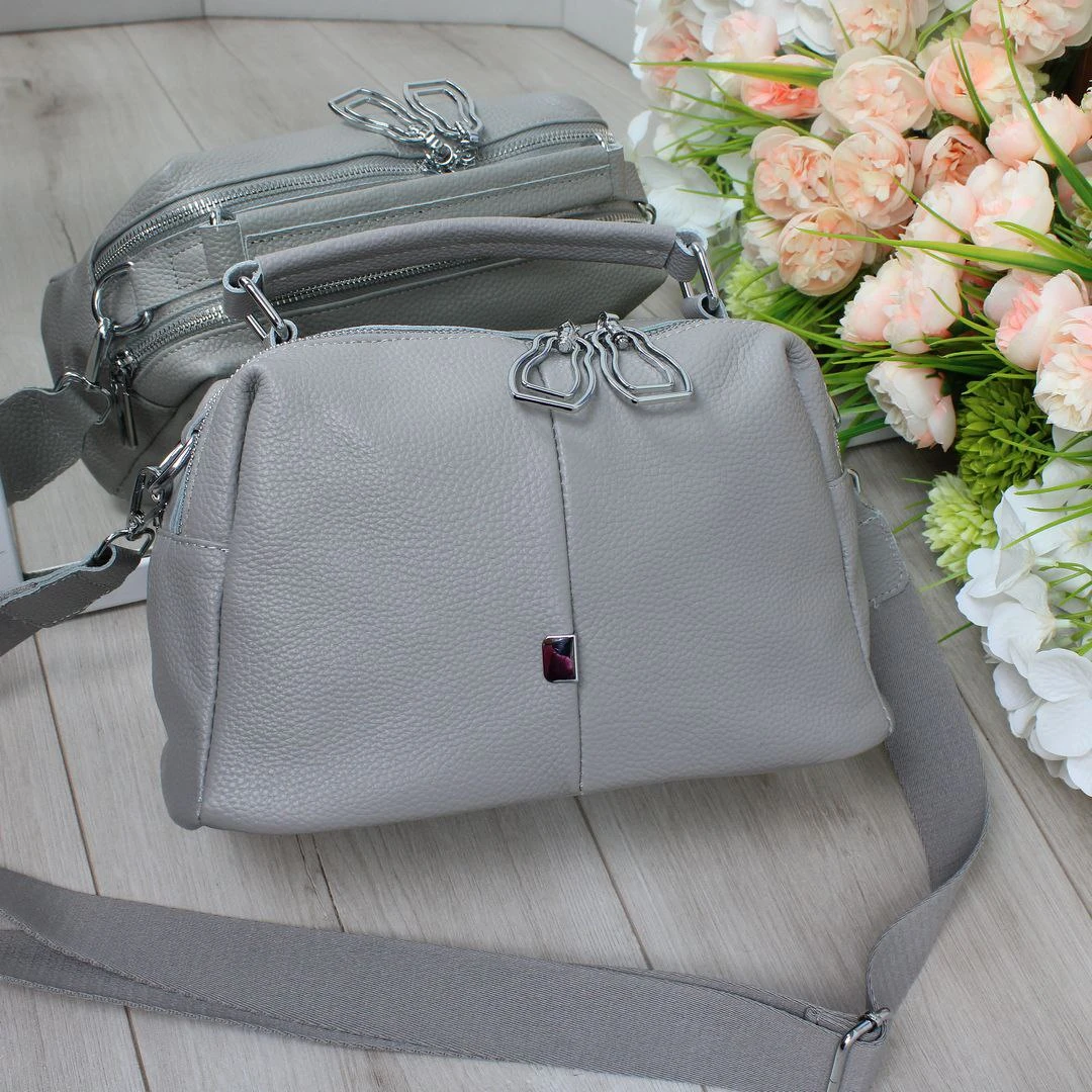 Жіноча сіра сумка крос-боді з натуральної шкіри на два відділення