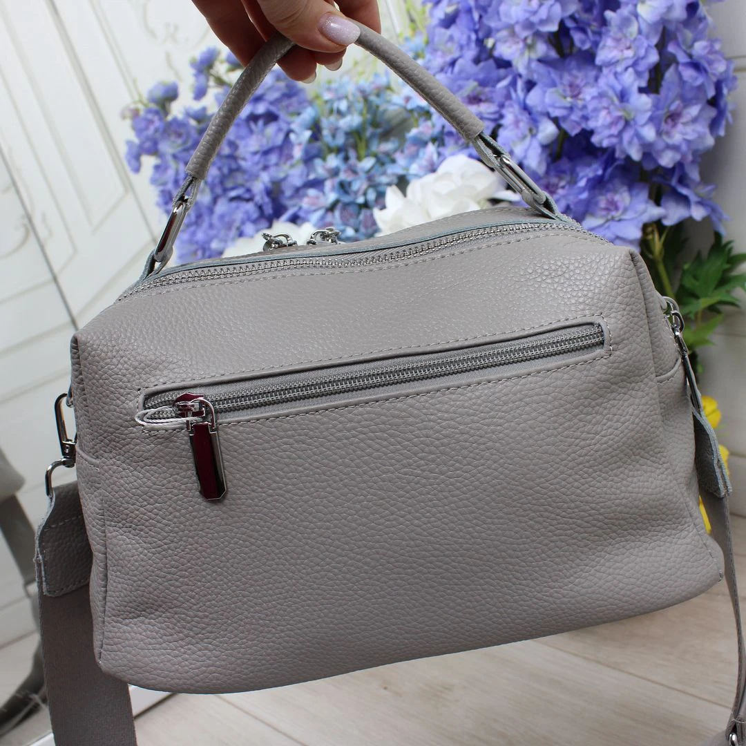 Жіноча сіра сумка крос-боді з натуральної шкіри на два відділення