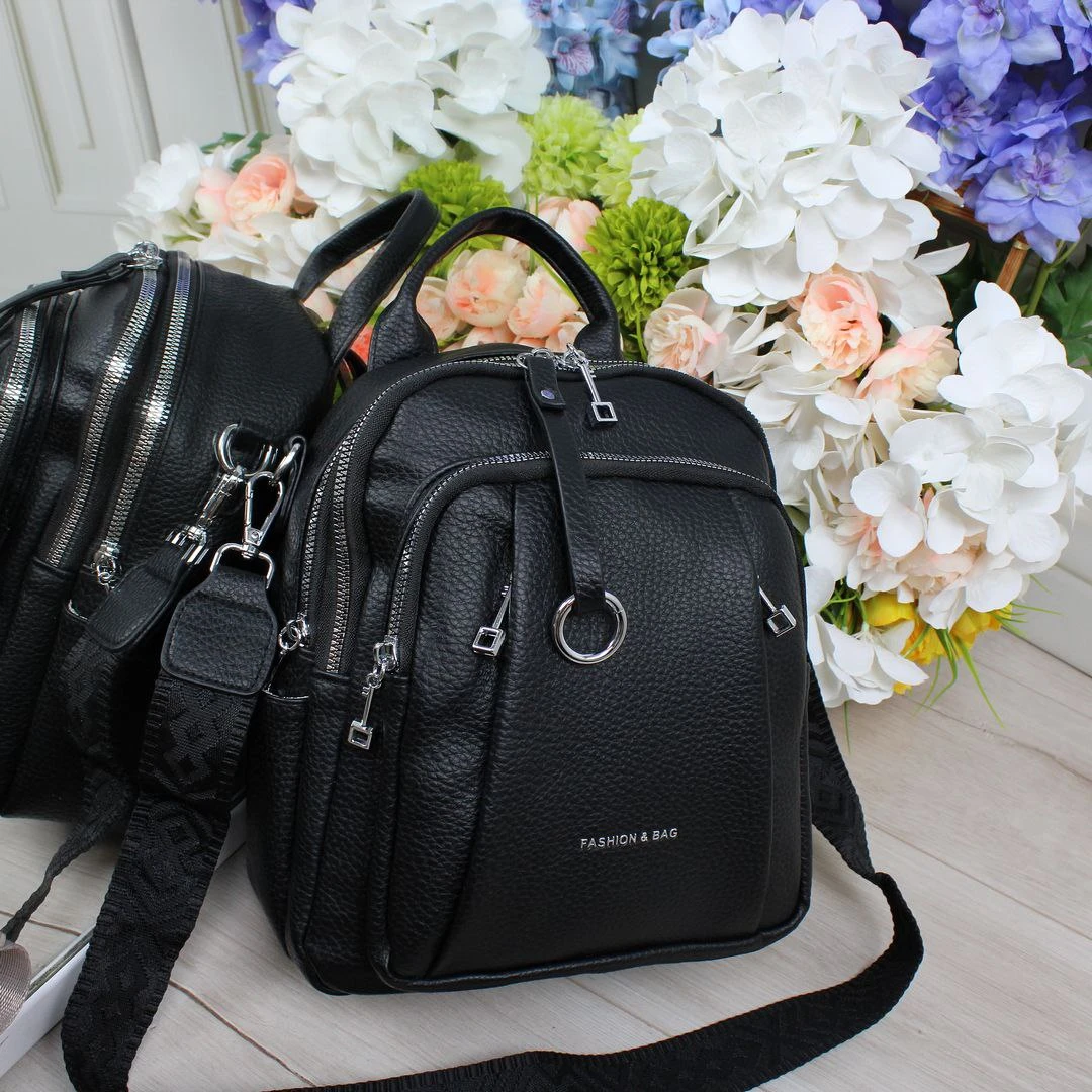 Жіноча чорна сумка-рюкзак з екошкіри трансформер 2-в-1
