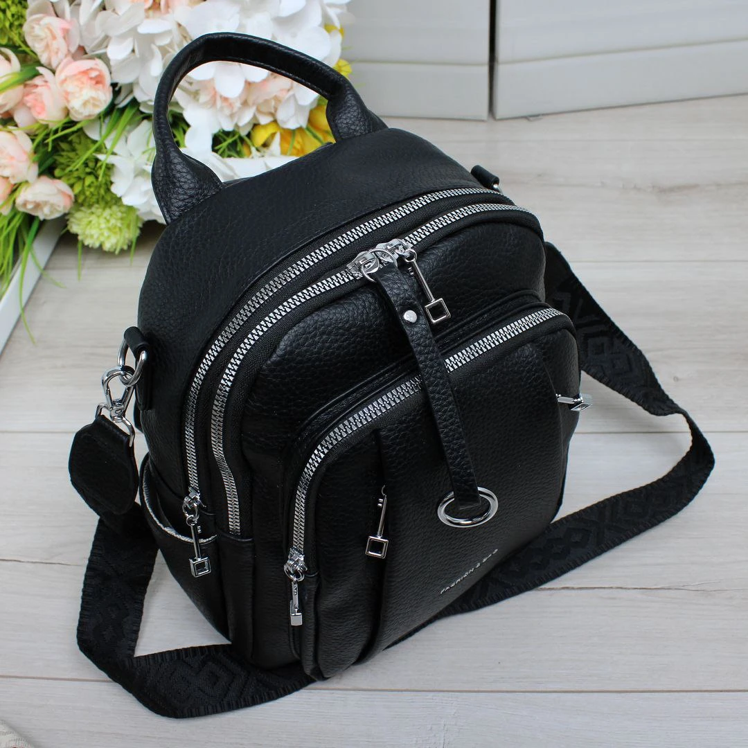 Жіноча чорна сумка-рюкзак з екошкіри трансформер 2-в-1