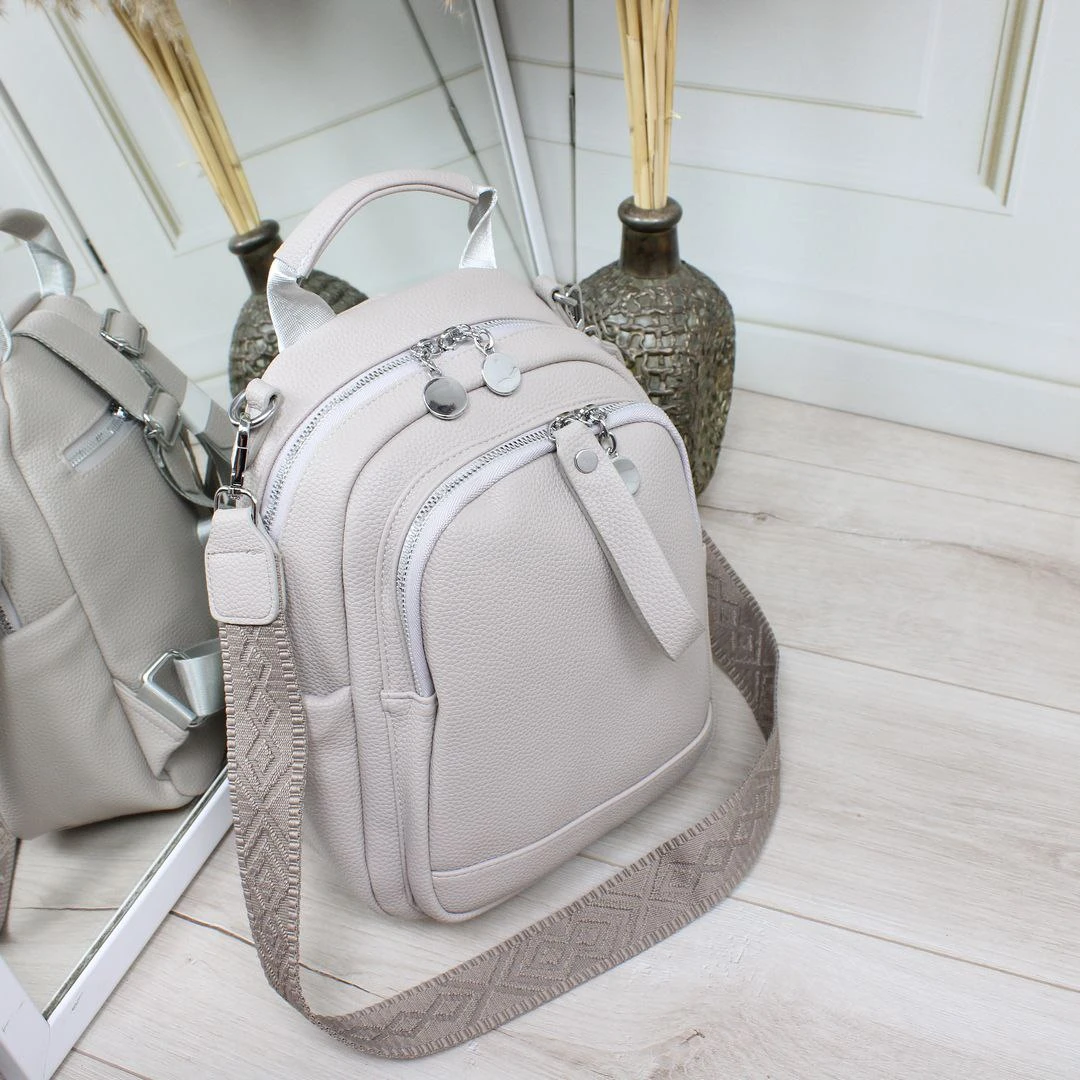 Жіноча сіро-лілова сумка-рюкзак трансформер із текстильним ремінцем