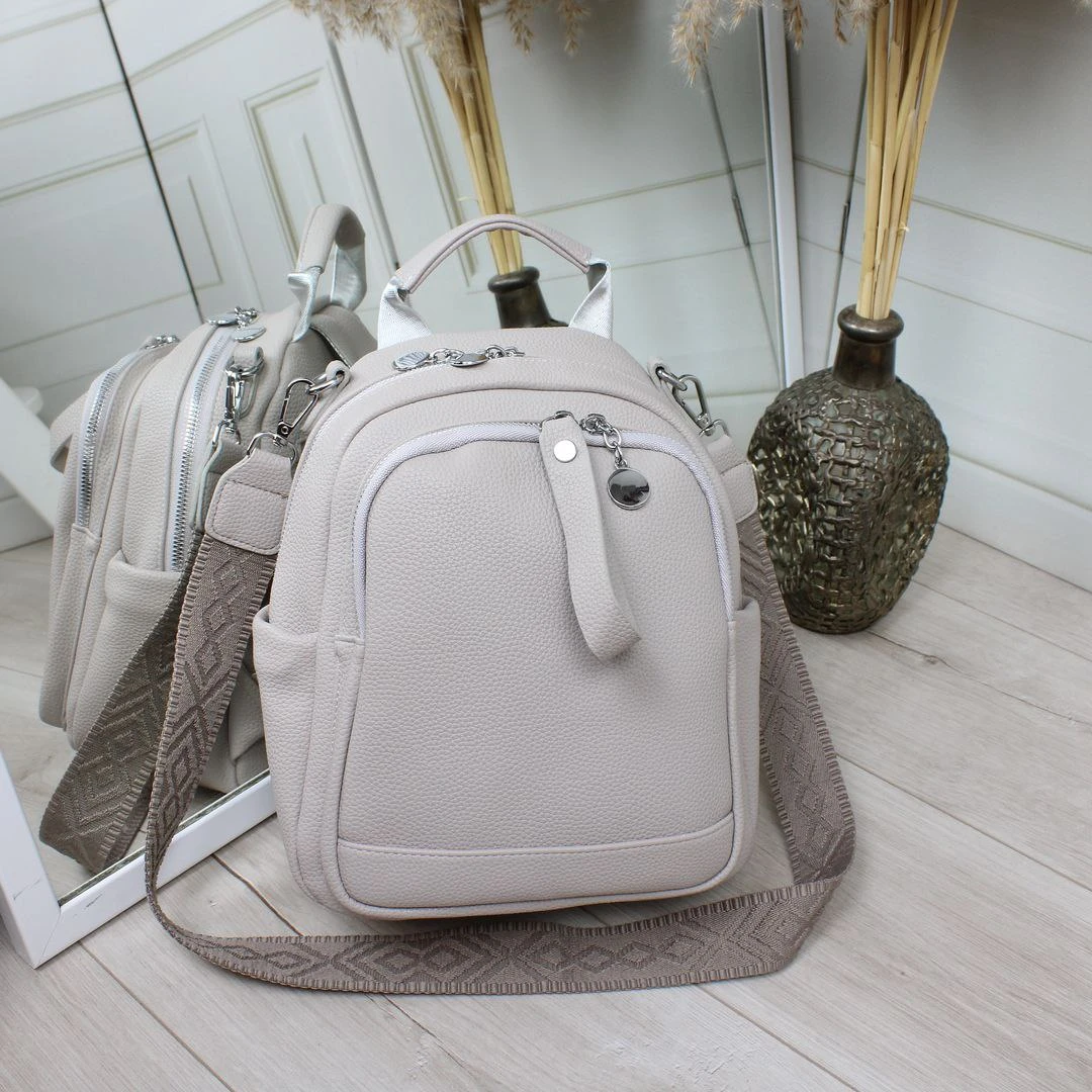 Жіноча сіро-лілова сумка-рюкзак трансформер із текстильним ремінцем