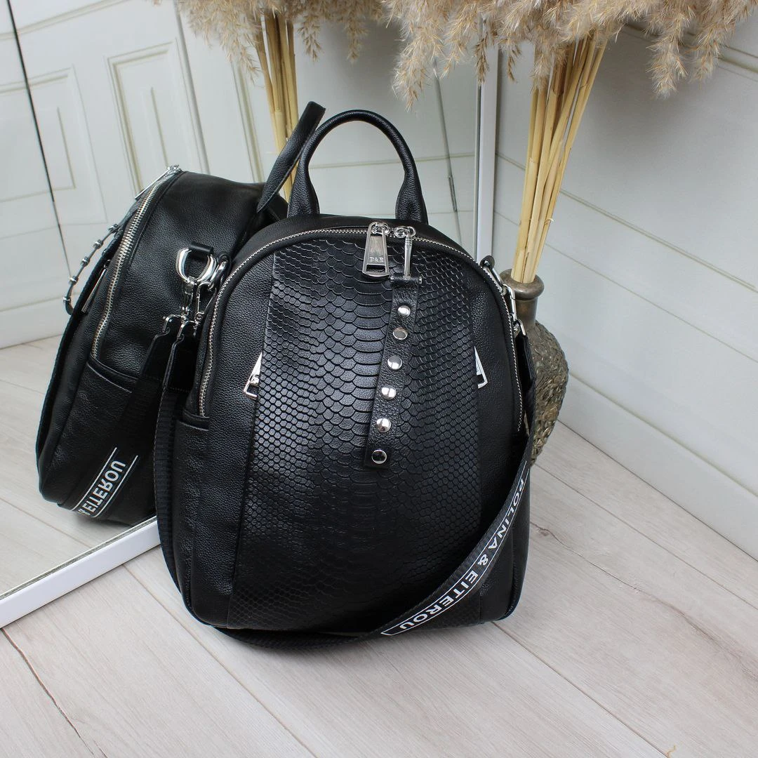 Чорна жіноча сумка-рюкзак Polina & Eiterou з натуральної шкіри
