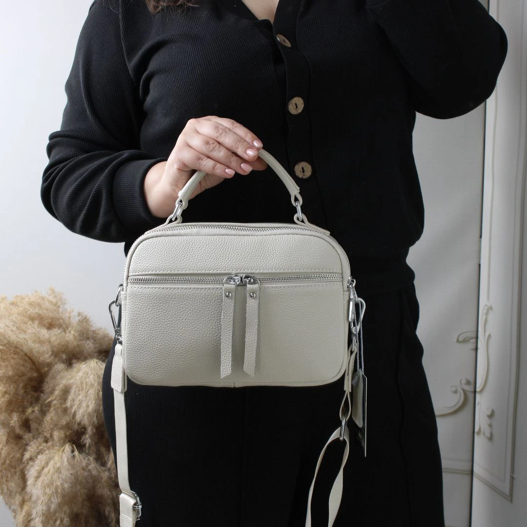 Жіноча молочна сумка через плече з натуральної шкіри крос-боді